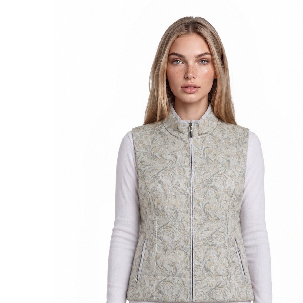 White House Black Market Puffer Vest Womens Size Medium Damask Gold Silver Cream